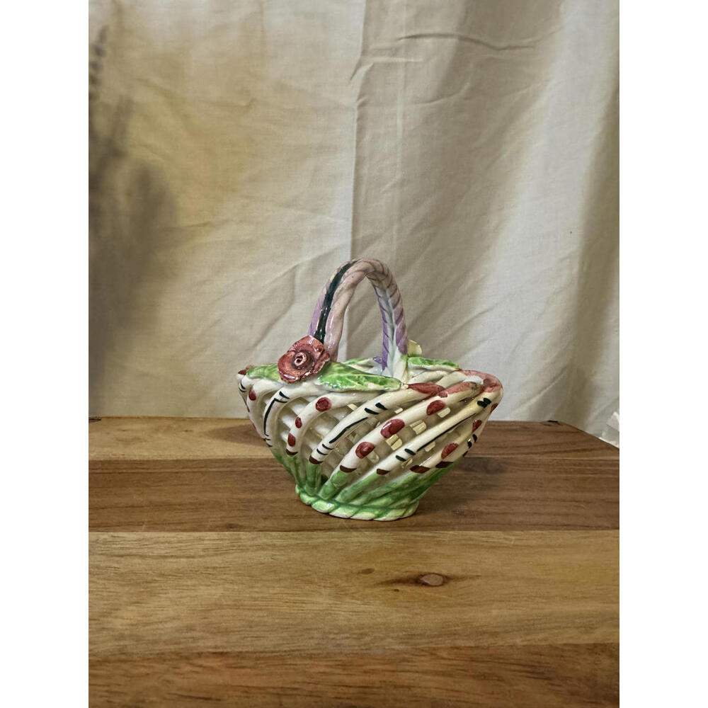 Vintage Spanish Hand-Painted Woven Lattice Pottery Basket Trinket Dish‎
